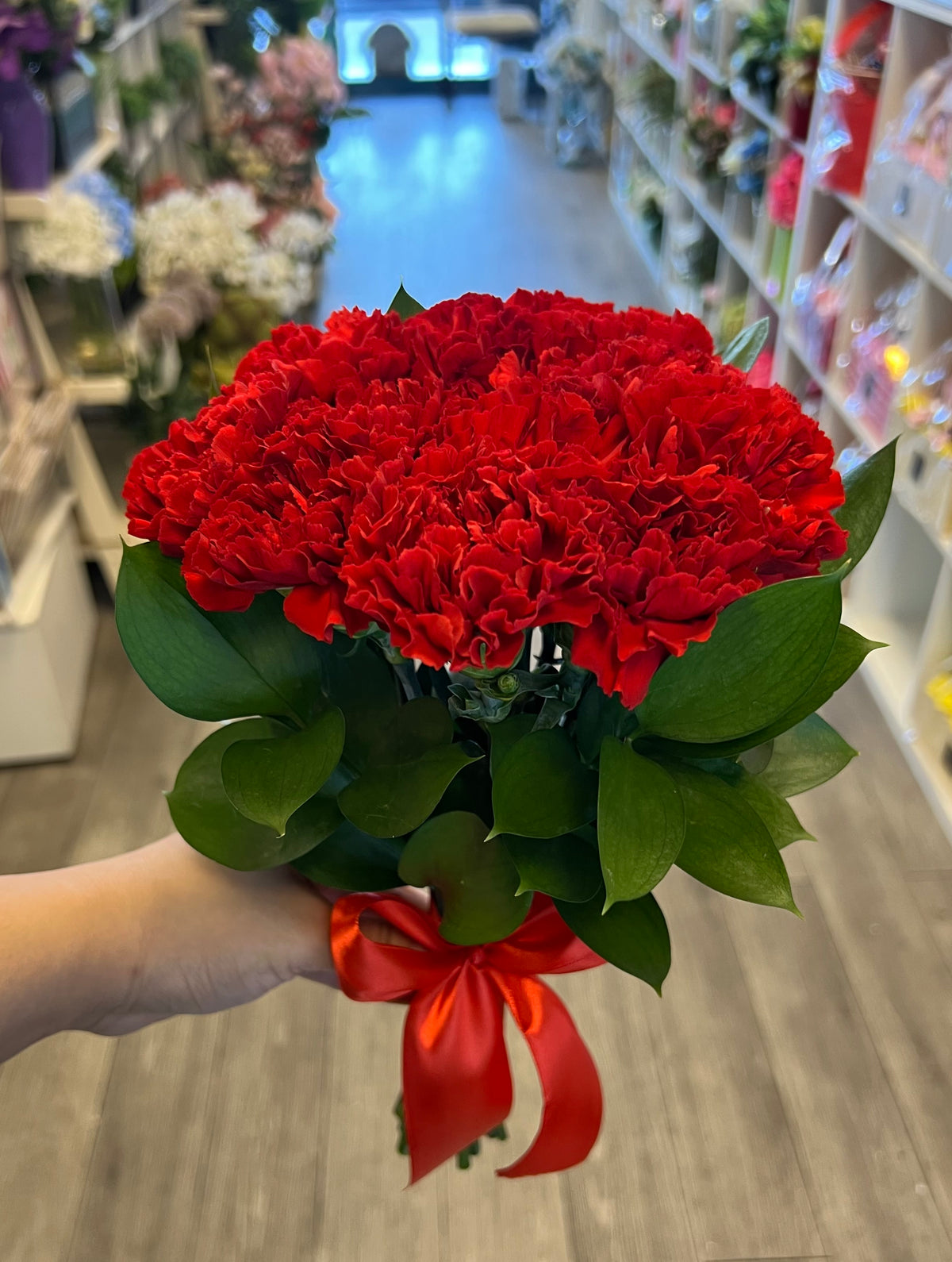 12 Red Carnation Hand Tied Bridal Bouquet