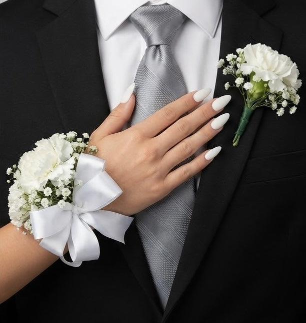 white carnation corsage & Boutonniere set