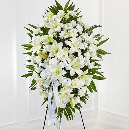 Exquisite Tribute Standing Spray-White Ribbon